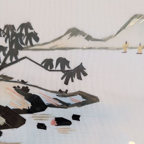 Framed Serene Coastal Scene Hand Cut Wheat Stalk Art on Silk - Picture 4 of 14